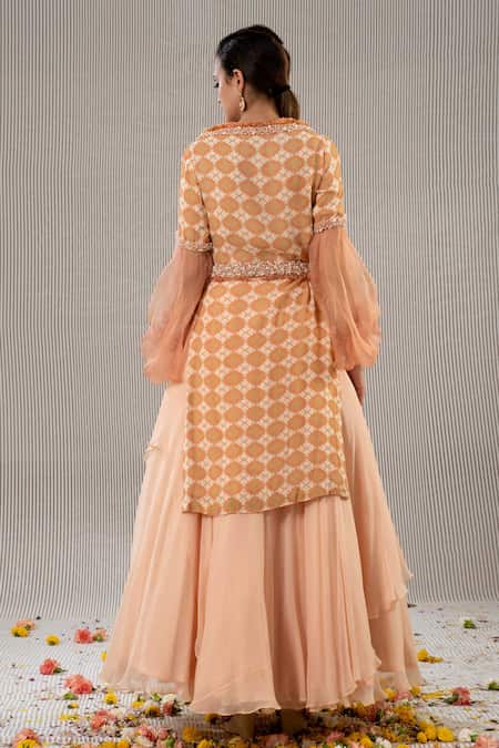 Shop Jyoti Sachdev Iyer Peach Chiffon, Georgette Round Printed Kurta And Lehenga Set at Aza Fashions Shop_Jyoti Sachdev Iyer_Peach Chiffon, Georgette Round Printed Kurta And Lehenga Set _at_Aza_Fashions