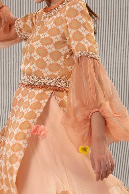Jyoti Sachdev Iyer Peach Chiffon, Georgette Round Printed Kurta And Lehenga Set Online at Aza Fashions Jyoti Sachdev Iyer_Peach Chiffon, Georgette Round Printed Kurta And Lehenga Set _Online_at_Aza_Fashions