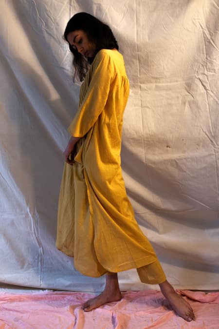 Juanita By Shubhda Yellow Handloom Cotton Round Handwoven Kurta And Pant Set Online at Aza Fashions Juanita By Shubhda_Yellow Handloom Cotton Round Handwoven Kurta And Pant Set _Online_at_Aza_Fashions