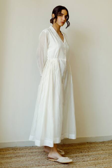 Juanita By Shubhda_Ivory Cotton, Chanderi Notched Jacket Dress_Online_at_Aza_Fashions