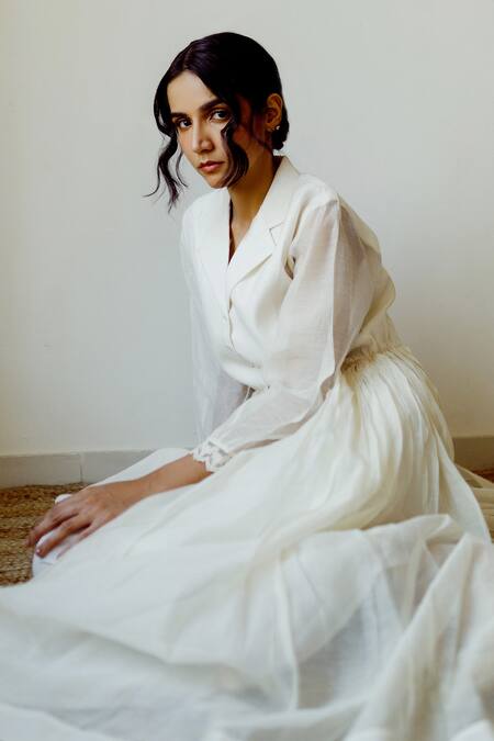 Buy_Juanita By Shubhda_Ivory Cotton, Chanderi Notched Jacket Dress_Online_at_Aza_Fashions