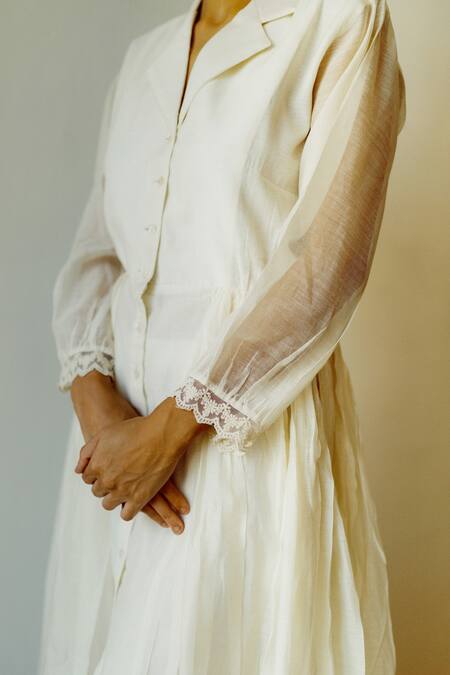 Shop_Juanita By Shubhda_Ivory Cotton, Chanderi Notched Jacket Dress_Online_at_Aza_Fashions