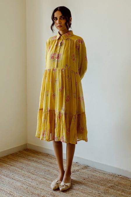 Juanita by Shubhda Yellow Chanderi Printed Rose Collared Neck Tiered Dress 