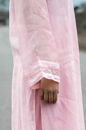 Shop_Juanita By Shubhda_Pink Chanderi Lining Handloom Cotton V Neck Kurta And Pant Set_Online_at_Aza_Fashions
