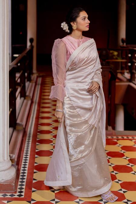 Juanita By Shubhda_White Banarasi Tissue, Chanderi Silk Saree_Online_at_Aza_Fashions