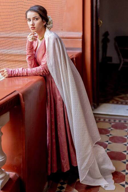 Juanita By Shubhda_Pink Handloom Cotton, Handwoven Chanderi Anarkali Set_Online_at_Aza_Fashions