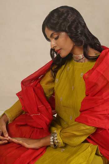 Juanita By Shubhda_Green Handloom Cotton, Handwoven Chanderi Round Kurta Set_Online_at_Aza_Fashions