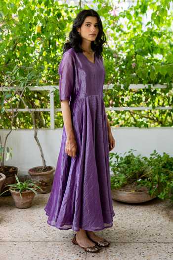 Buy Purple Banarasi Zari V Neck Handwoven Dress For Women by Juanita By  Shubhda Online at Aza Fashions.
