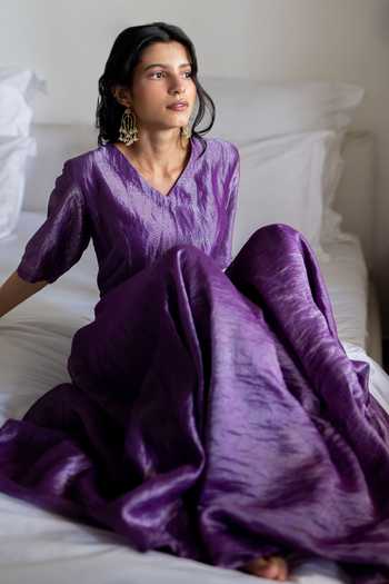 Buy Purple Banarasi Zari V Neck Handwoven Dress For Women by Juanita By  Shubhda Online at Aza Fashions.