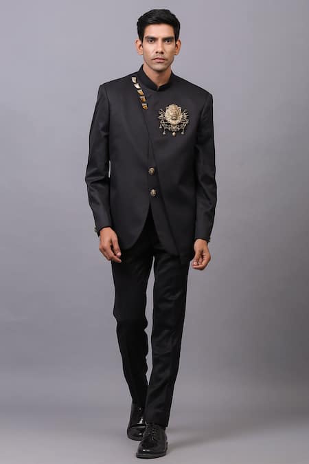 Cosa Nostraa_Black Cotton Embellished Stone Bandhgala _Online_at_Aza_Fashions