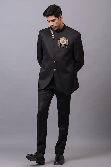 Buy_Cosa Nostraa_Black Cotton Embellished Stone Bandhgala _Online_at_Aza_Fashions