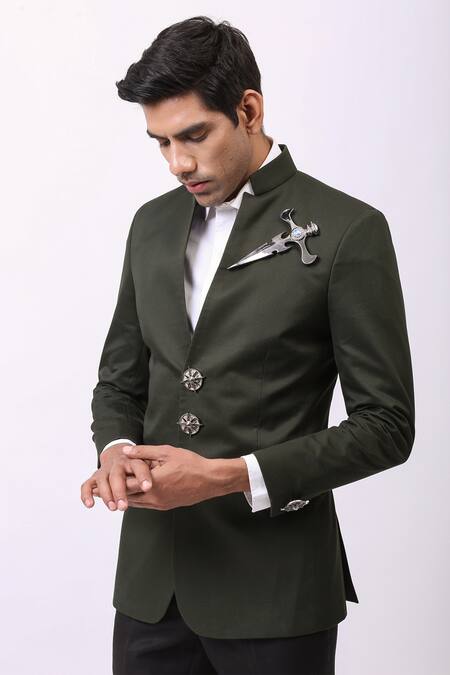Cosa Nostraa Green Cotton Notched Collar Blazer Online at Aza Fashions Cosa Nostraa_Green Cotton Notched Collar Blazer _Online_at_Aza_Fashions