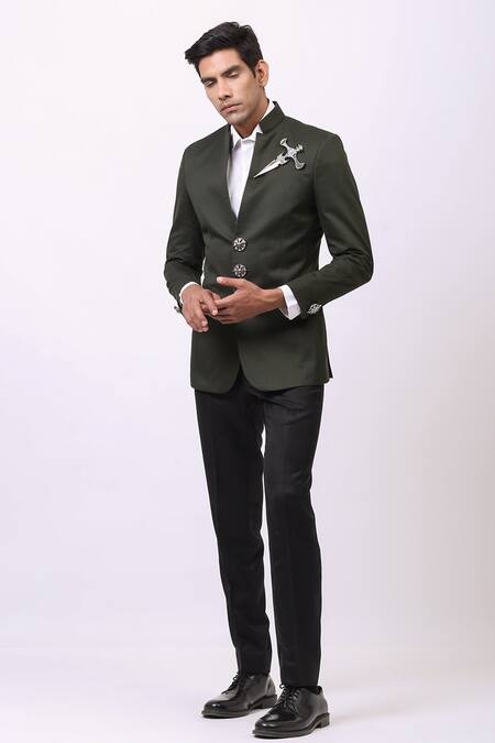 Shop Cosa Nostraa Green Cotton Notched Collar Blazer Online at Aza Fashions Shop_Cosa Nostraa_Green Cotton Notched Collar Blazer _Online_at_Aza_Fashions