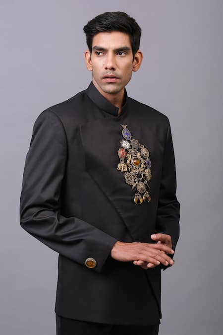 Cosa Nostraa Black Cotton Embellished Stone Bandhgala Online at Aza Fashions Cosa Nostraa_Black Cotton Embellished Stone Bandhgala _Online_at_Aza_Fashions