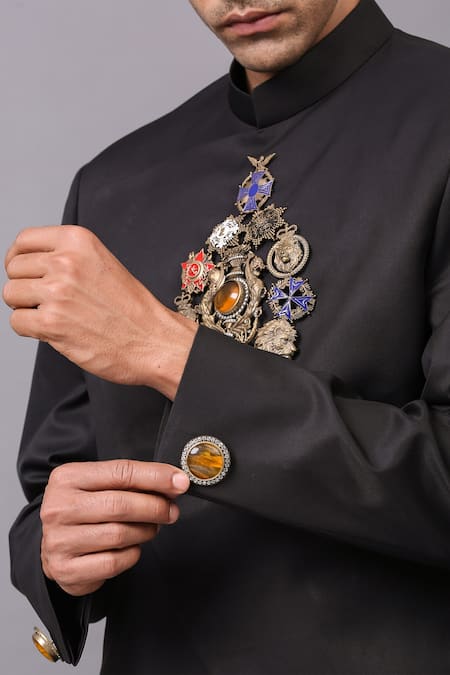 Cosa Nostraa Black Cotton Embellished Stone Bandhgala at Aza Fashions Cosa Nostraa_Black Cotton Embellished Stone Bandhgala _at_Aza_Fashions