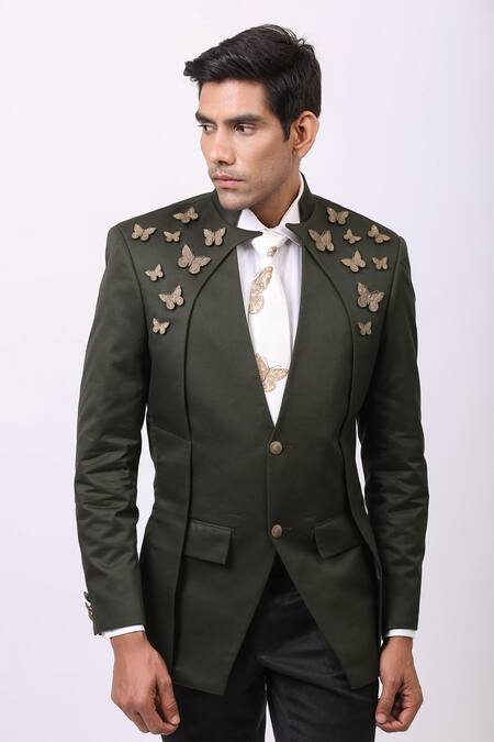 Cosa Nostraa_Green Cotton Embellished Butterfly Bandhgala _Online_at_Aza_Fashions