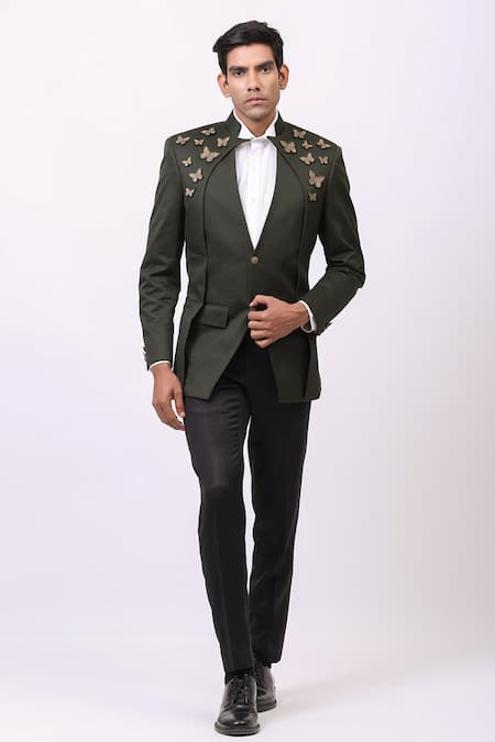 Buy_Cosa Nostraa_Green Cotton Embellished Butterfly Bandhgala _Online_at_Aza_Fashions