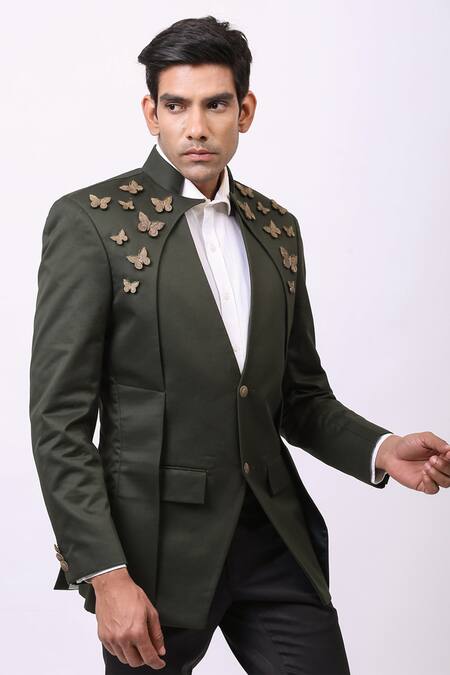 Shop_Cosa Nostraa_Green Cotton Embellished Butterfly Bandhgala _Online_at_Aza_Fashions