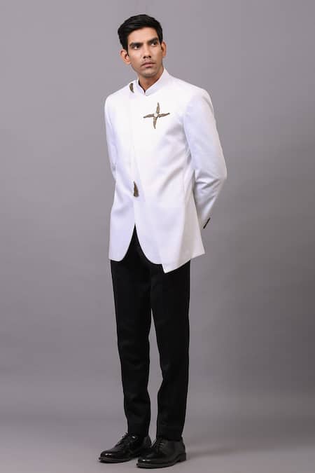 Buy_Cosa Nostraa_White Rayon Embellished Stone Bandhgala _Online_at_Aza_Fashions