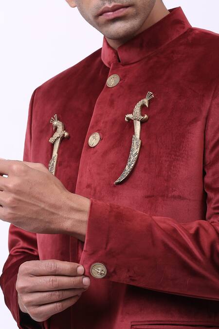 Buy_Cosa Nostraa_Red Velvet Dagger Embellished Bandhgala _Online_at_Aza_Fashions