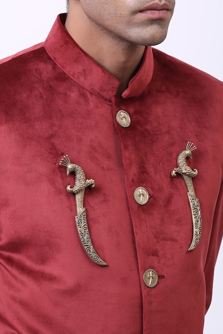 Cosa Nostraa_Red Velvet Dagger Embellished Bandhgala _at_Aza_Fashions