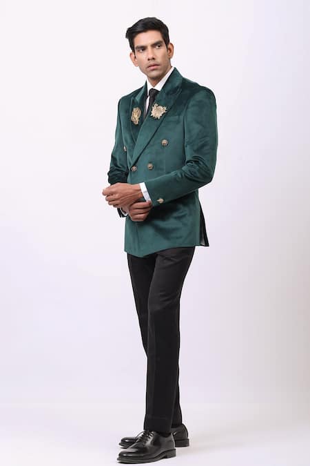 Cosa Nostraa_Green Velvet Floral, Elephant Embellished Blazer _Online_at_Aza_Fashions