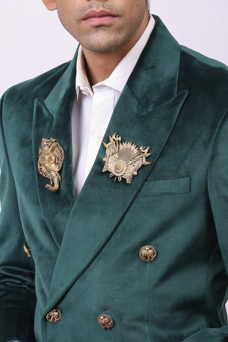 Shop_Cosa Nostraa_Green Velvet Floral, Elephant Embellished Blazer _Online_at_Aza_Fashions