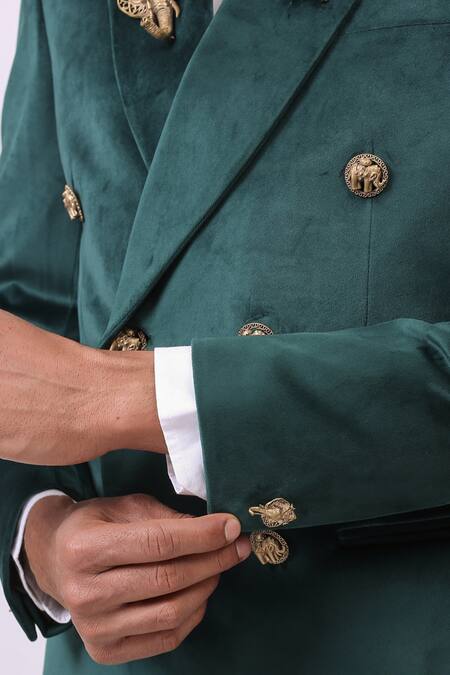 Cosa Nostraa_Green Velvet Floral, Elephant Embellished Blazer _at_Aza_Fashions
