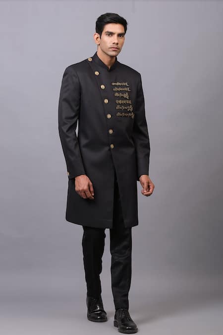 Cosa Nostraa_Black Cotton Embellished Quote Bandhgala _Online_at_Aza_Fashions