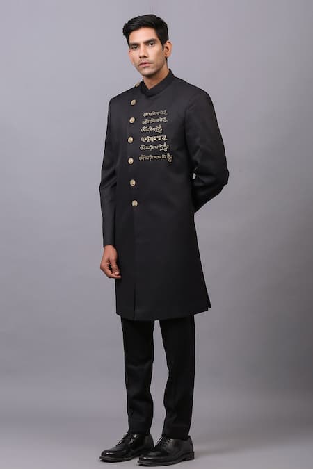 Buy_Cosa Nostraa_Black Cotton Embellished Quote Bandhgala _Online_at_Aza_Fashions