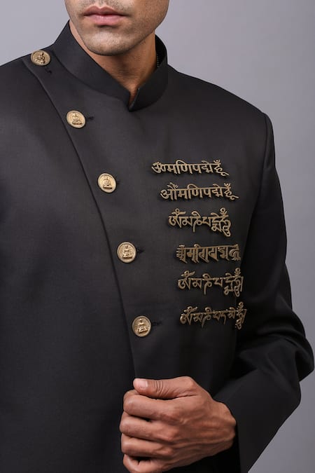 Shop_Cosa Nostraa_Black Cotton Embellished Quote Bandhgala _Online_at_Aza_Fashions