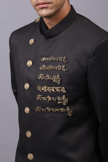 Cosa Nostraa_Black Cotton Embellished Quote Bandhgala _at_Aza_Fashions