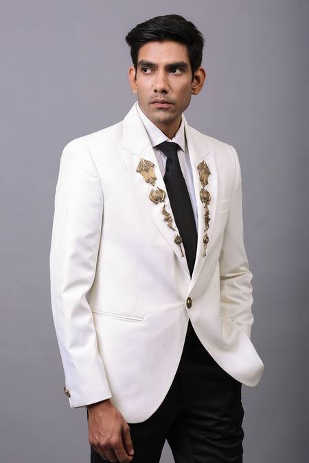 Cosa Nostraa White Rayon Brooch Embellished Blazer Online at Aza Fashions Cosa Nostraa_White Rayon Brooch Embellished Blazer _Online_at_Aza_Fashions