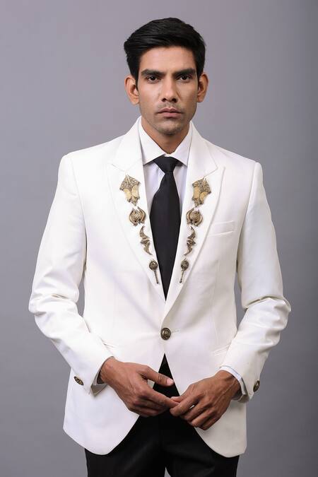 Buy Cosa Nostraa White Rayon Brooch Embellished Blazer Online at Aza Fashions Buy_Cosa Nostraa_White Rayon Brooch Embellished Blazer _Online_at_Aza_Fashions