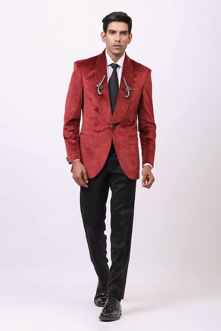 Buy Red Velvet Embellished Pistol Blazer For Men by Cosa Nostraa