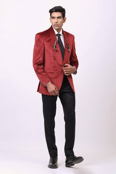 Cosa Nostraa_Red Velvet Pistol Embellished Blazer _Online_at_Aza_Fashions
