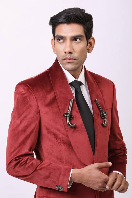 Buy_Cosa Nostraa_Red Velvet Pistol Embellished Blazer _Online_at_Aza_Fashions