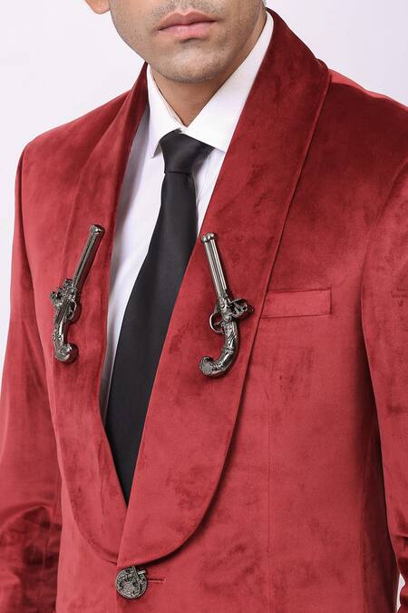 Shop_Cosa Nostraa_Red Velvet Pistol Embellished Blazer _Online_at_Aza_Fashions