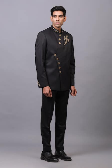 Cosa Nostraa_Black Cotton Quote Embellished Bandhgala _Online_at_Aza_Fashions