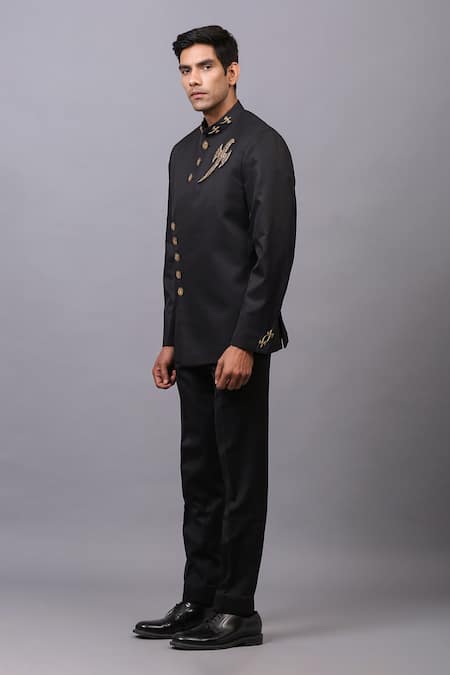 Buy_Cosa Nostraa_Black Cotton Quote Embellished Bandhgala _Online_at_Aza_Fashions