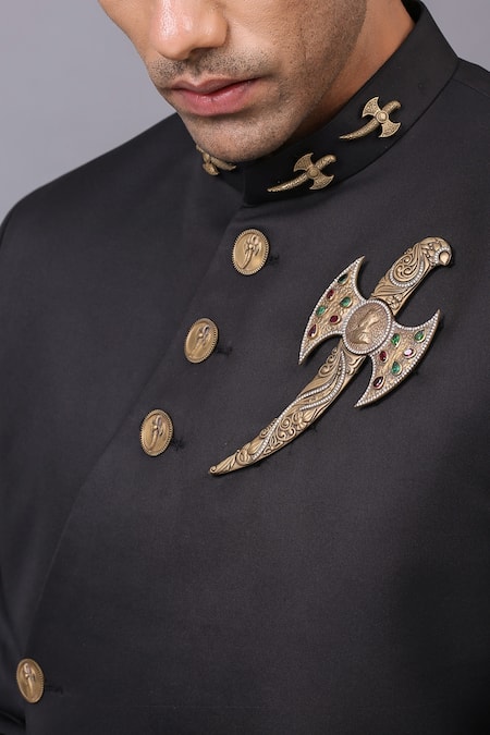 Cosa Nostraa_Black Cotton Quote Embellished Bandhgala _at_Aza_Fashions