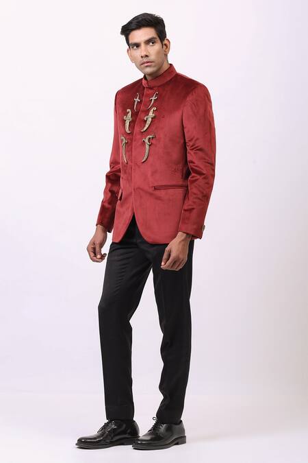 Cosa Nostraa_Green Velvet Dagger Embellished Bandhgala _Online_at_Aza_Fashions