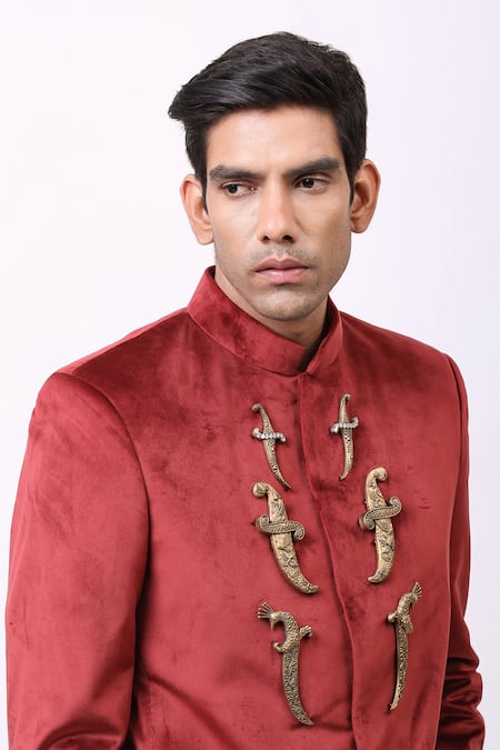 Buy_Cosa Nostraa_Green Velvet Dagger Embellished Bandhgala _Online_at_Aza_Fashions