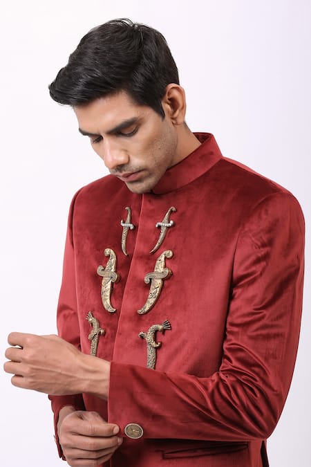 Shop_Cosa Nostraa_Green Velvet Dagger Embellished Bandhgala _Online_at_Aza_Fashions