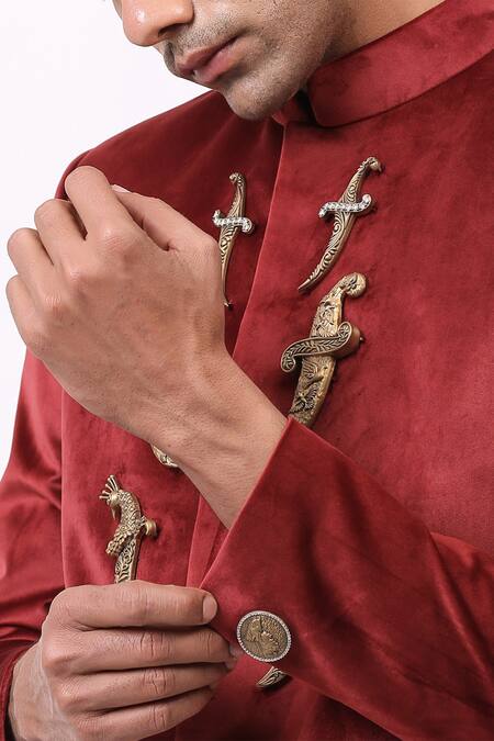 Cosa Nostraa_Green Velvet Dagger Embellished Bandhgala _at_Aza_Fashions