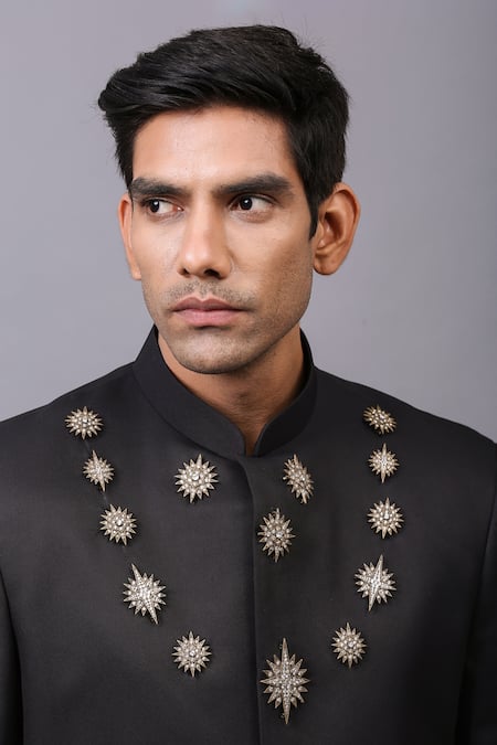 Cosa Nostraa_Black Cotton Embellished Star Bandhgala _at_Aza_Fashions