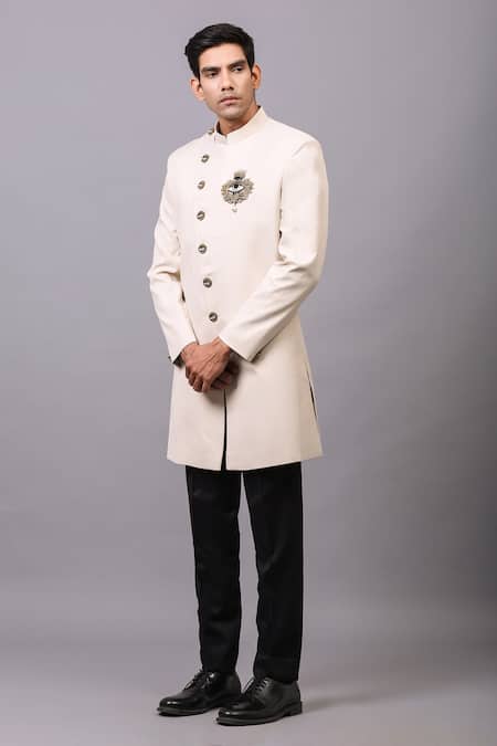 Buy_Cosa Nostraa_White Rayon Third Eye Of Lord Shiva Embellished Bandhgala _Online_at_Aza_Fashions