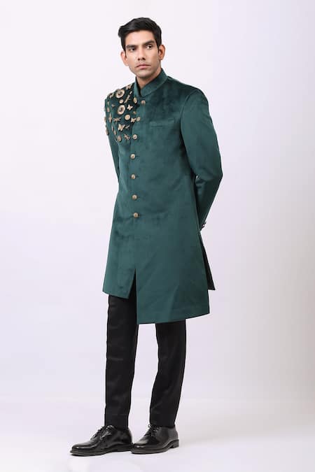 Buy_Cosa Nostraa_Green Velvet Floral, Butterfly Embellished Bandhgala _Online_at_Aza_Fashions