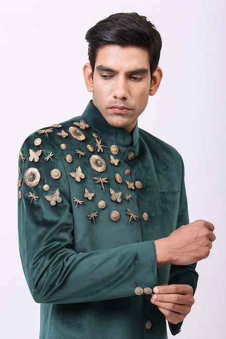 Shop_Cosa Nostraa_Green Velvet Floral, Butterfly Embellished Bandhgala _Online_at_Aza_Fashions