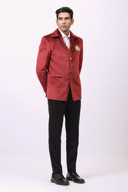 Cosa Nostraa_Red Velvet Phase Of Life Embellished Jacket _Online_at_Aza_Fashions